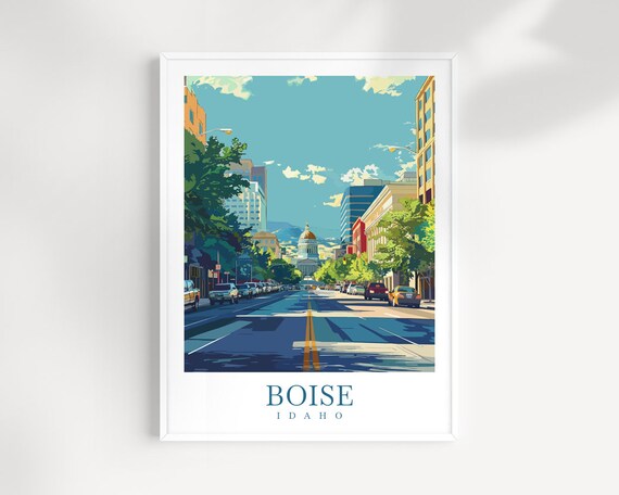 Boise Idaho Downtown Street View Capitol Building Vintage Travel Poster