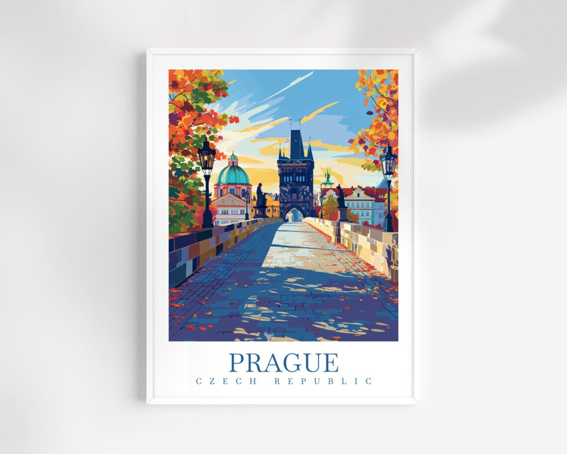 Prague Czech Republic Charles Bridge Autumn Leaves Travel Art Poster