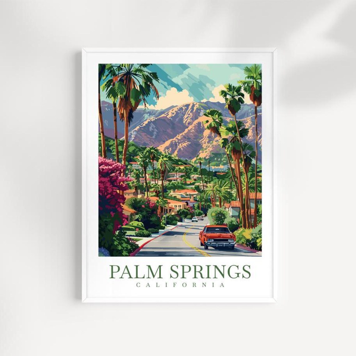 Palm Springs California Palm Lined Street Classic Car Mountains Poster