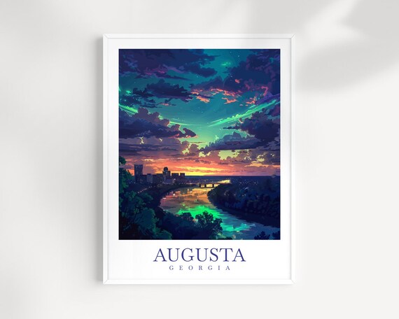 Augusta Georgia Night River City Lights Sunset Travel Poster