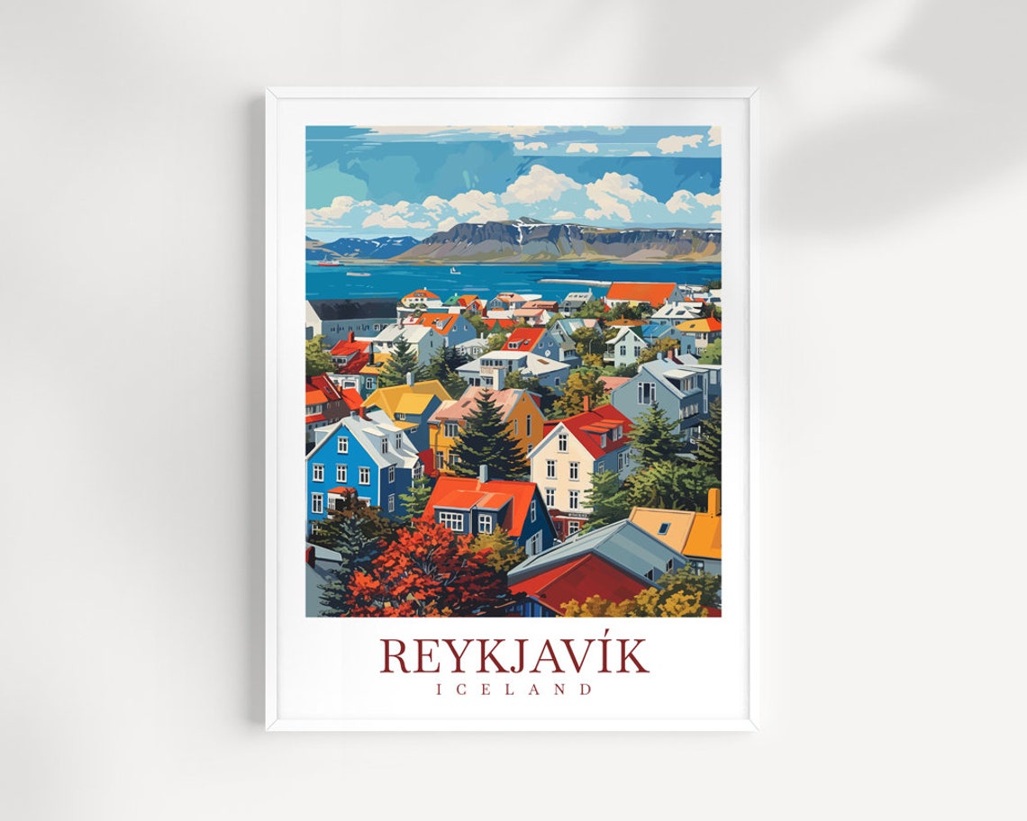 Reykjavik Iceland Colorful Harbor Houses Mountain View Poster