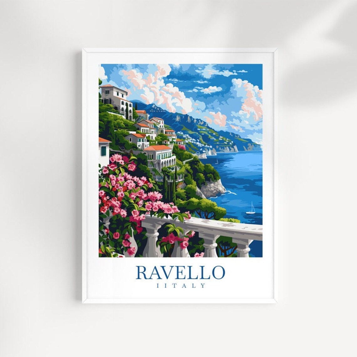 Ravello Italy Sea View Balcony with Pink Flowers Vintage Travel Poster