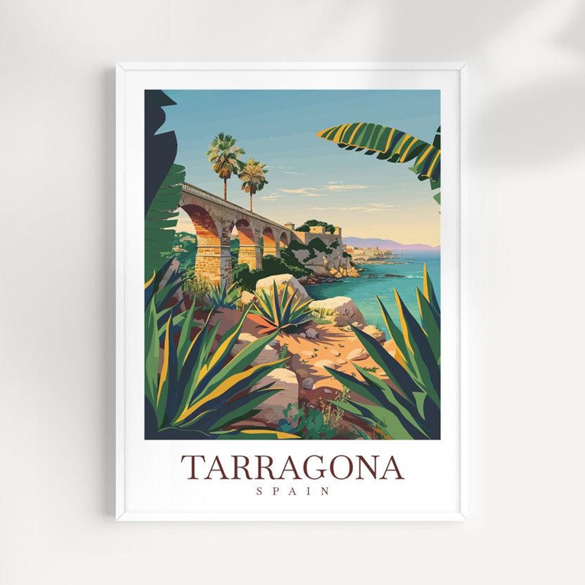 Tarragona Spain Arched Stone Bridge Coastal View Travel Poster