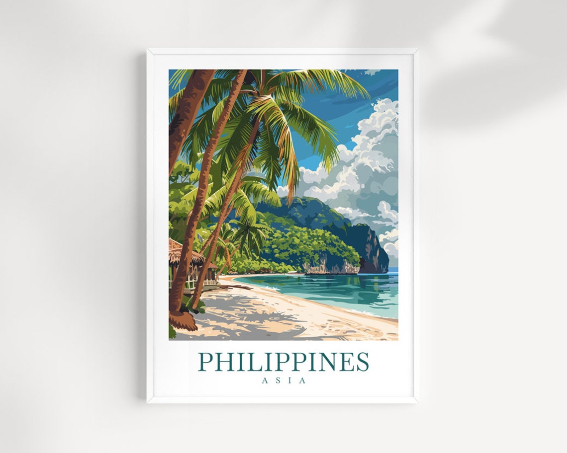 Philippines Asia White Sand Palm Beach and Green Cliffs Art Print