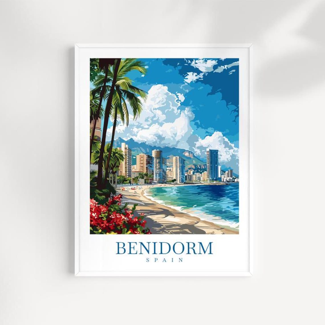 Benidorm Spain Beach High Rises Palm Trees Blue Coast Travel Poster