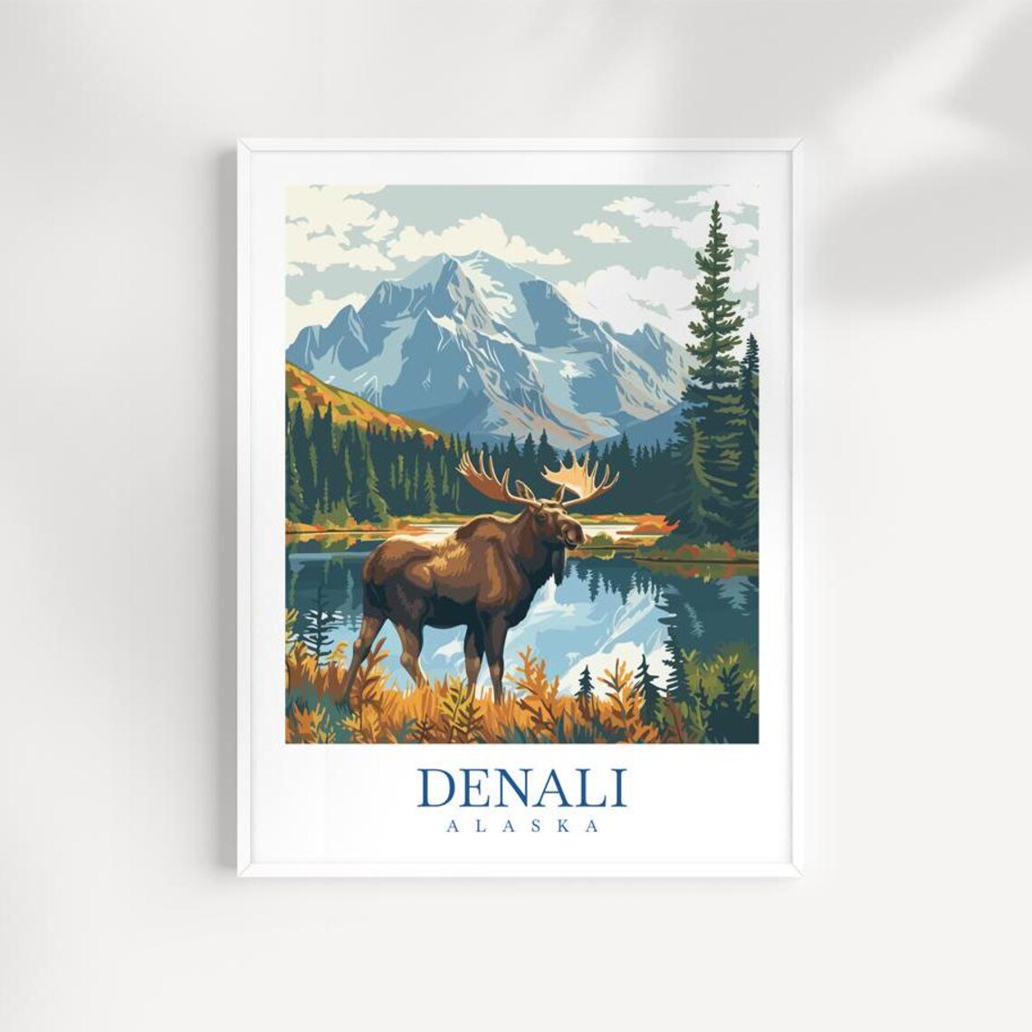Denali Alaska Moose Wildlife Illustrated Mountain Lake Travel Poster