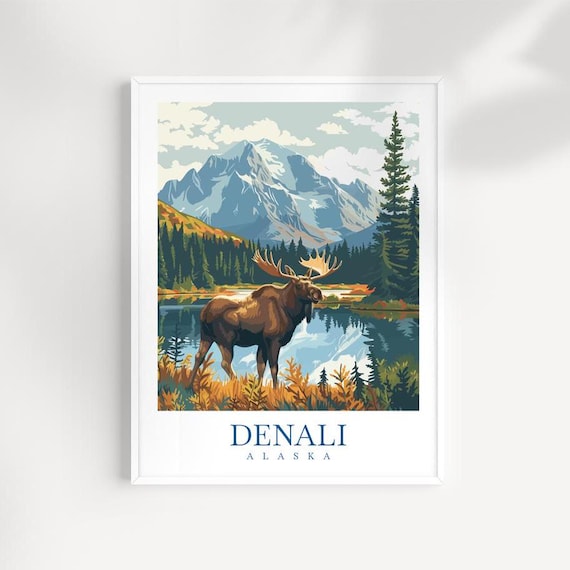 Denali Alaska Moose Wildlife Illustrated Mountain Lake Travel Poster