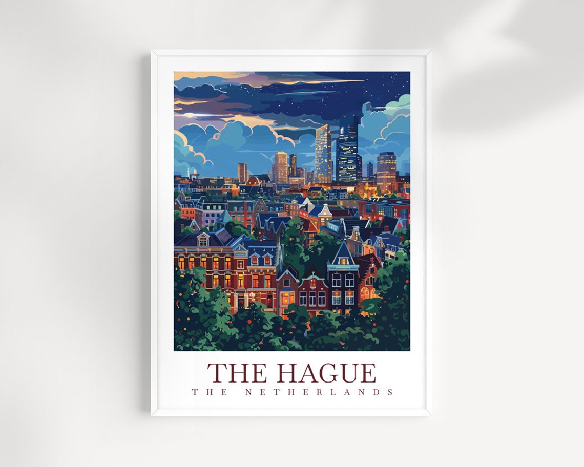 The Hague Netherlands Night Poster City Skyline Rooftops Starry Sky