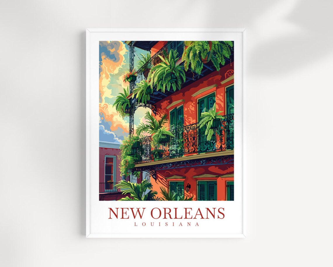 New Orleans Louisiana Fern Draped Balcony Townhouse Art Poster