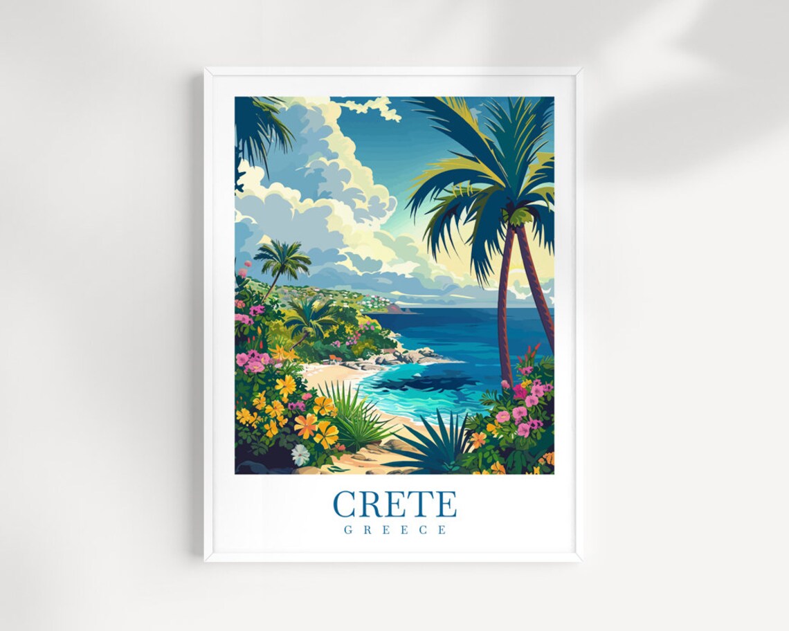 Crete Greece Tropical Beach Palms Flowers Island Travel Poster