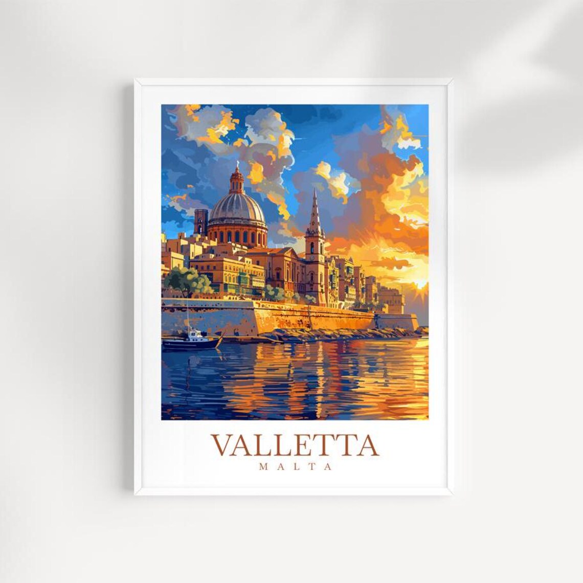 Valletta Malta Waterfront Cathedral Sunset Golden Water Travel Print