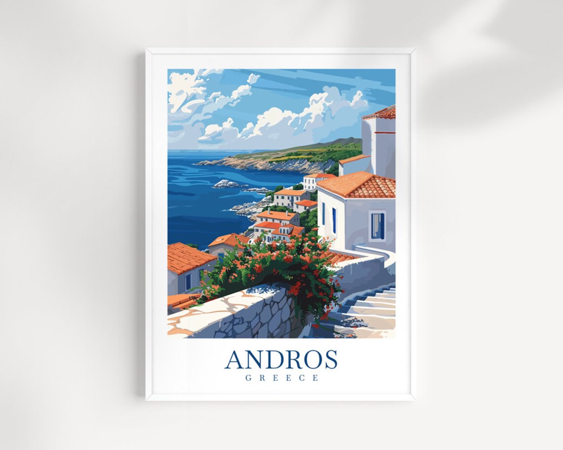 Andros Greece Island Steps Red Flowers Sea View Travel Poster