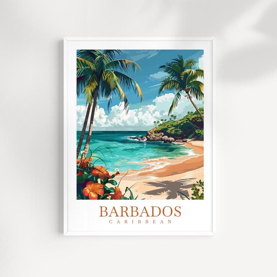 Barbados Caribbean Beach Palm Trees Hibiscus Flowers Travel Poster
