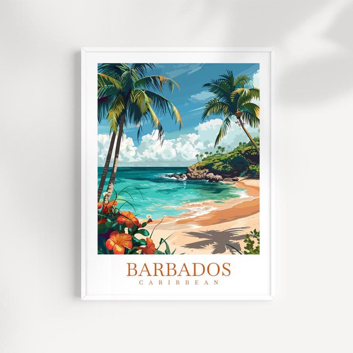 Barbados Caribbean Beach Palm Trees Hibiscus Flowers Travel Poster