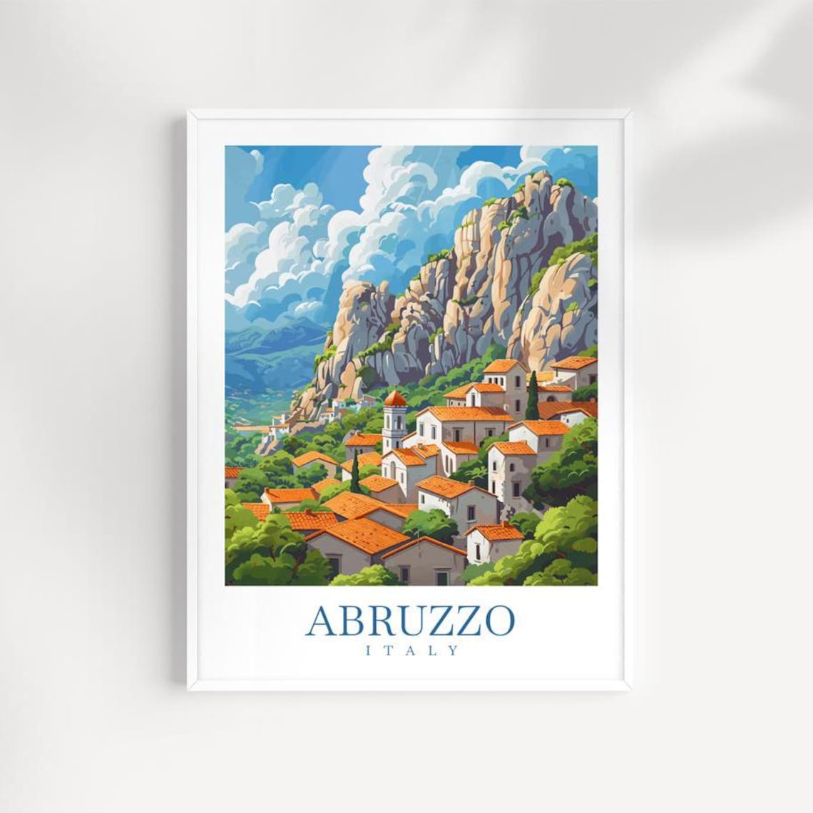 Abruzzo Italy Hilltop Village Beneath Rocky Mountain Peaks Poster