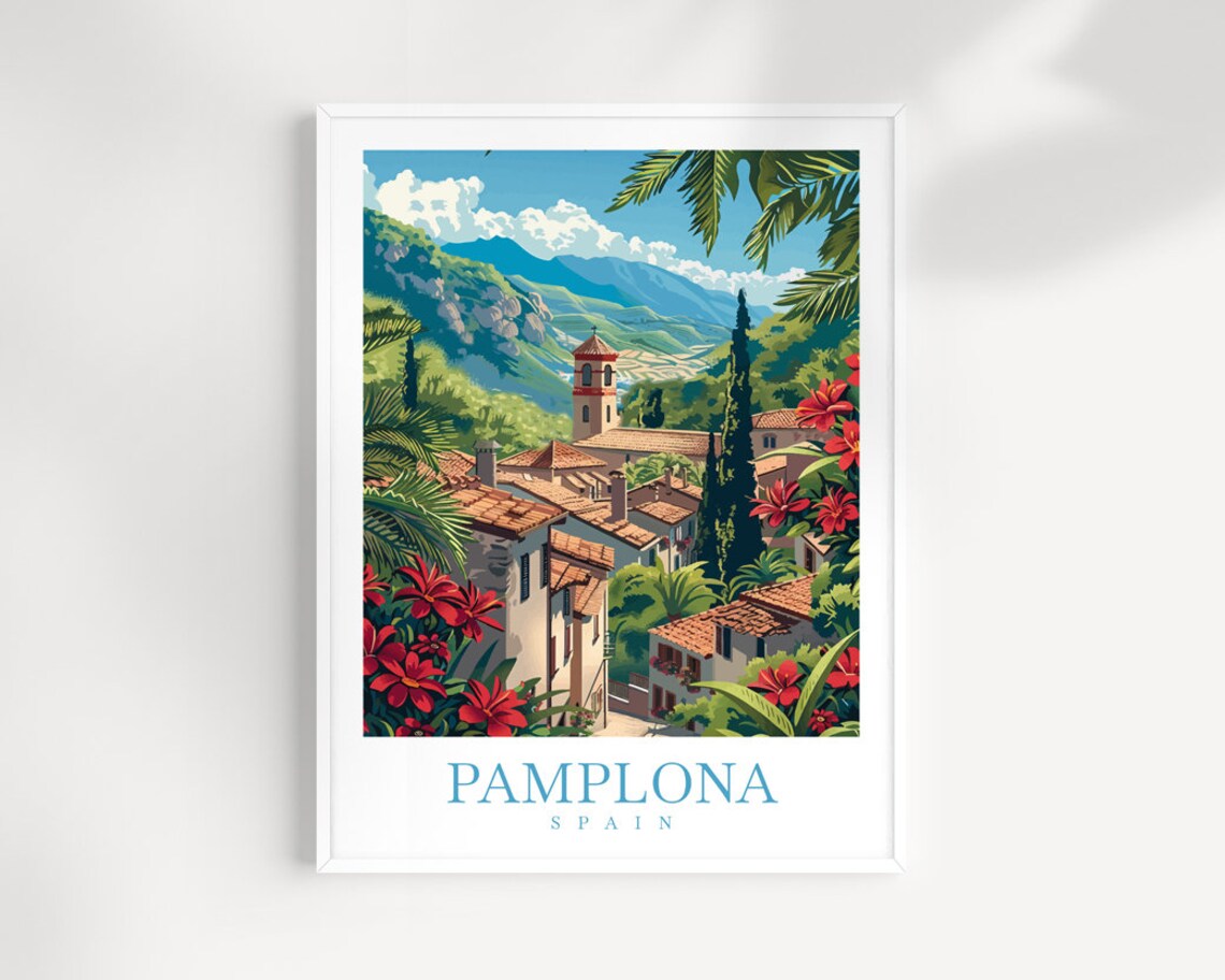 Pamplona Spain Old Town Church Tower Red Flowers Travel Poster