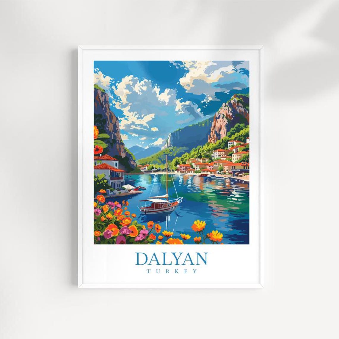 Dalyan Turkey Harbor Sailboat Flower Shore Cliffs Vintage Travel Print