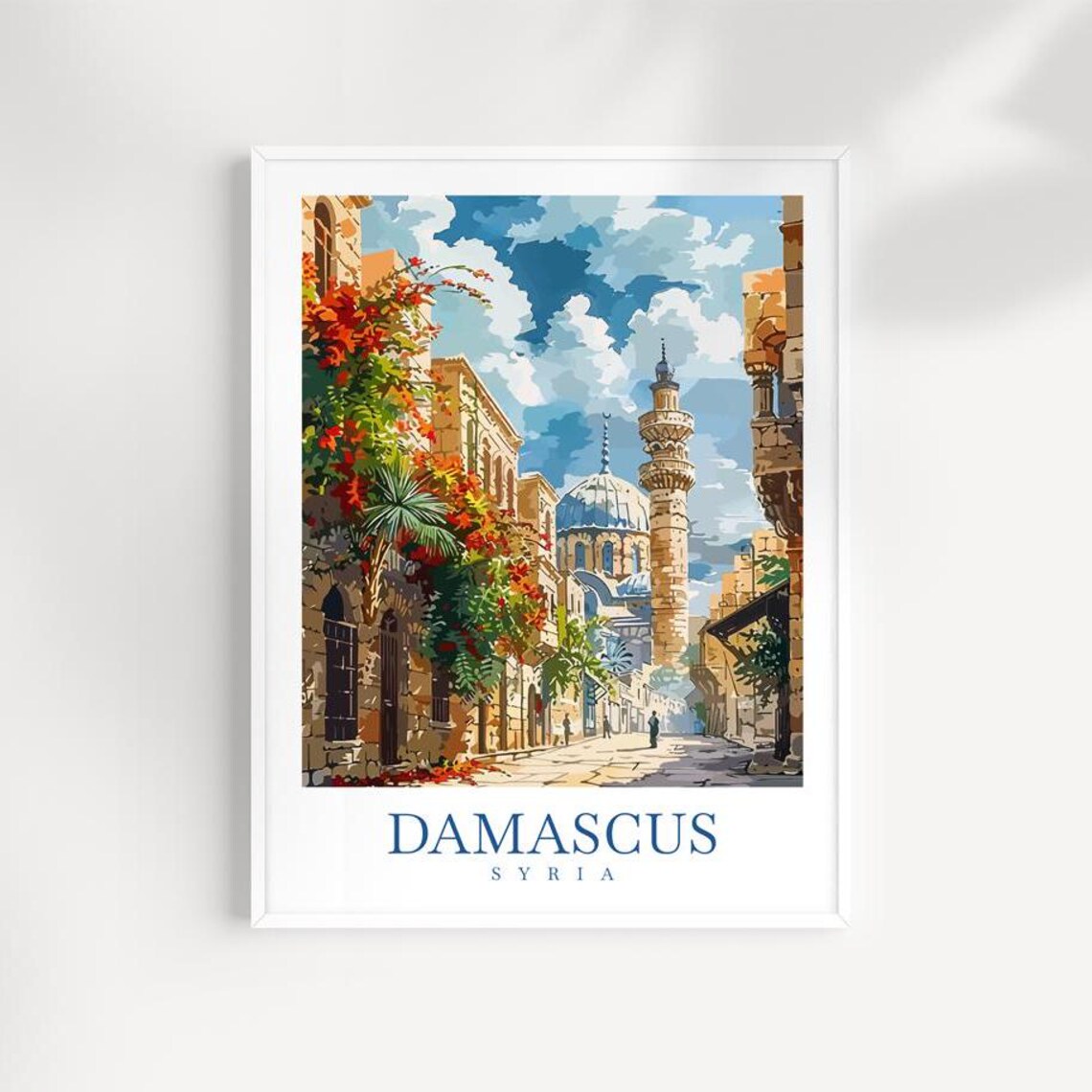 Damascus Syria Old Town Mosque Minaret Flowers Travel Poster