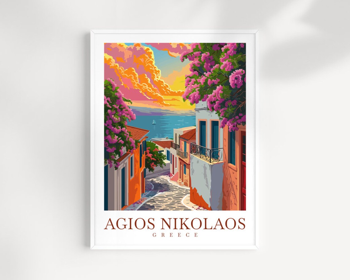 Agios Nikolaos Greece Sunset Street Bougainvillea Old Town Poster