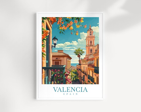 Valencia Spain Historic Old Town and Bell Tower Travel Poster