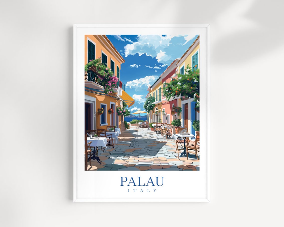 Palau Italy Sunny Cafe Street Charming Coastal Town Travel Poster