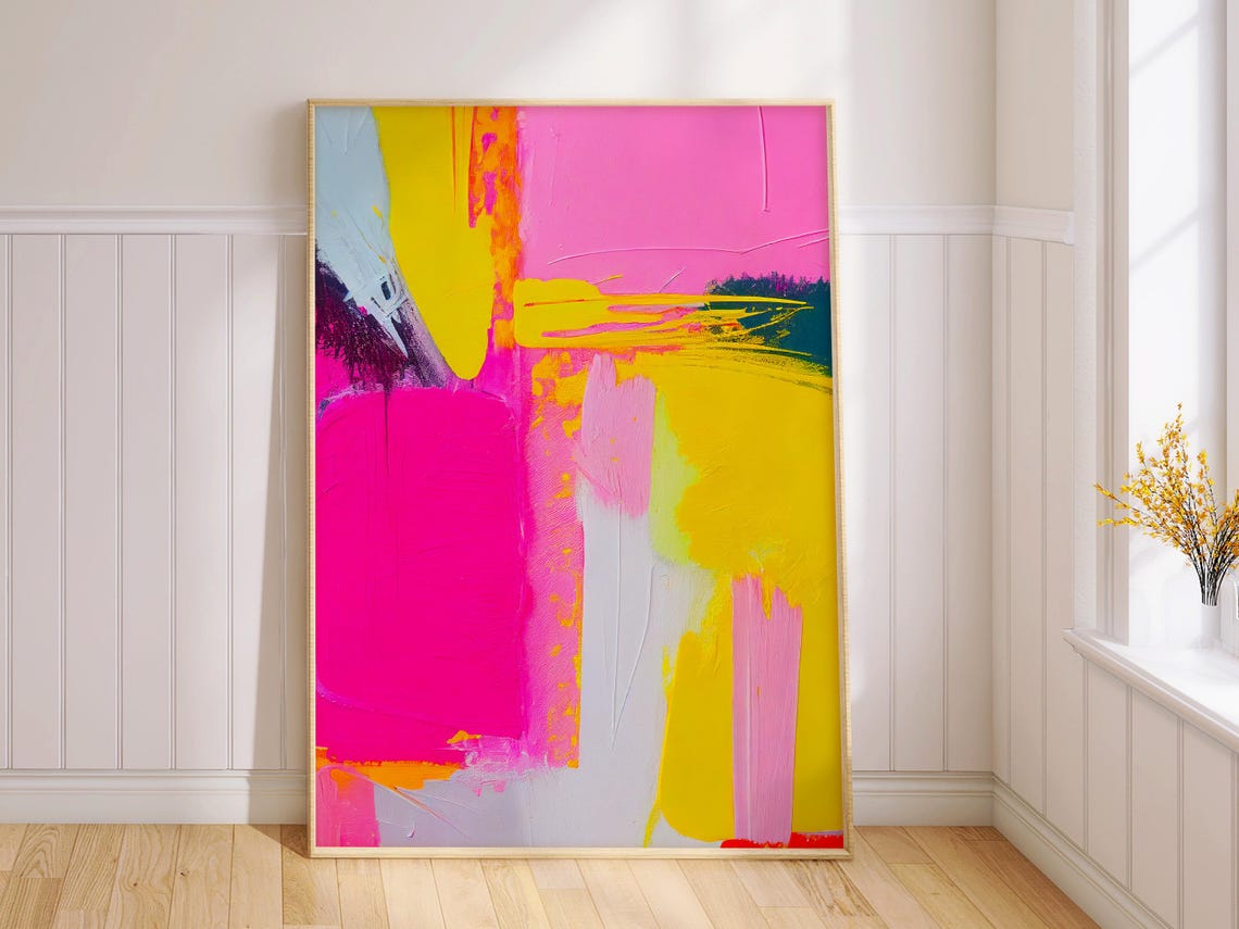 Hot Pink Yellow Brushstroke Bold Neon Abstract Expressionism Poster - Image 2