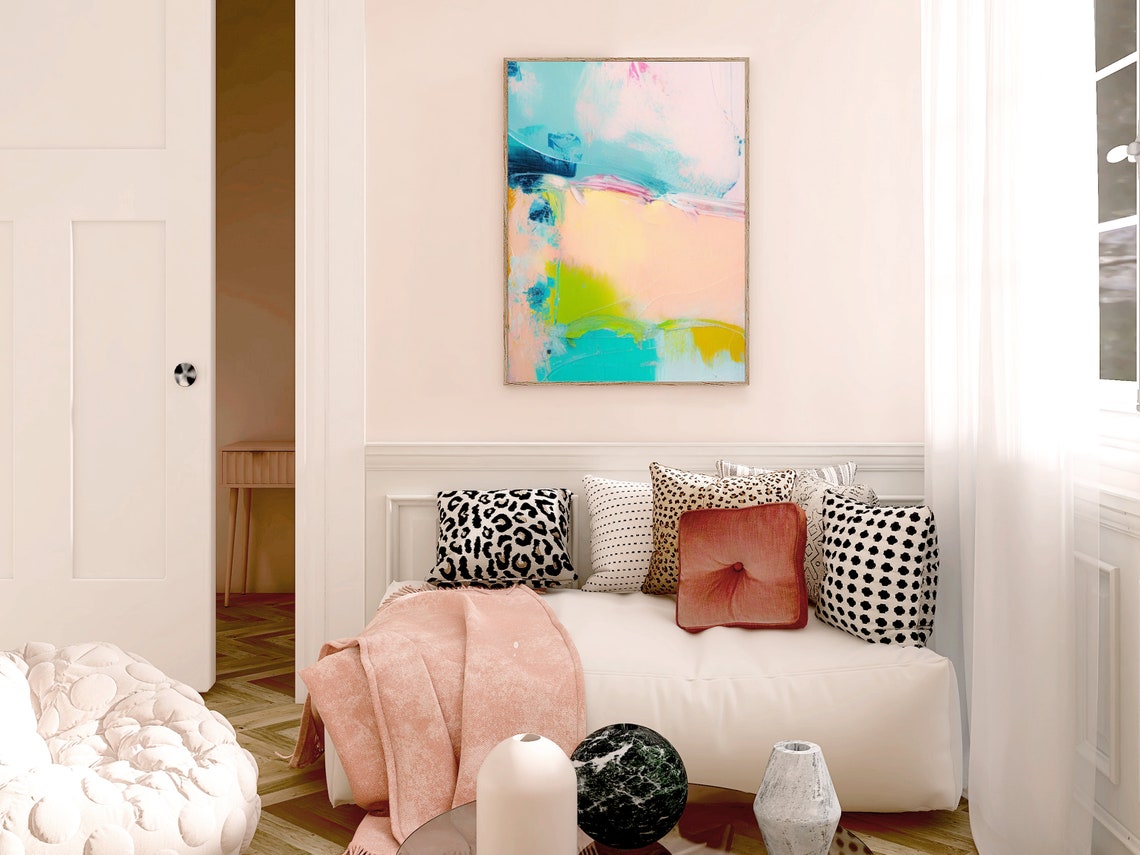 Pastel Peach Teal and Lime Airy Minimal Abstract Calm Poster - Image 3