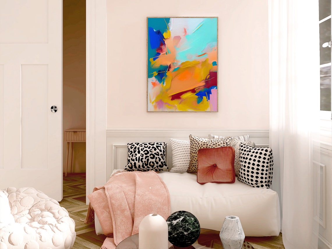 Teal Mustard and Blue Expressive Abstract Modern Brushwork Poster - Image 2