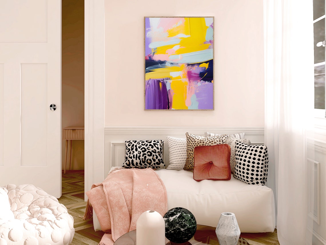 Energetic Abstract Yellow Purple Navy Brushwork Modern Canvas Wall Art - Image 2