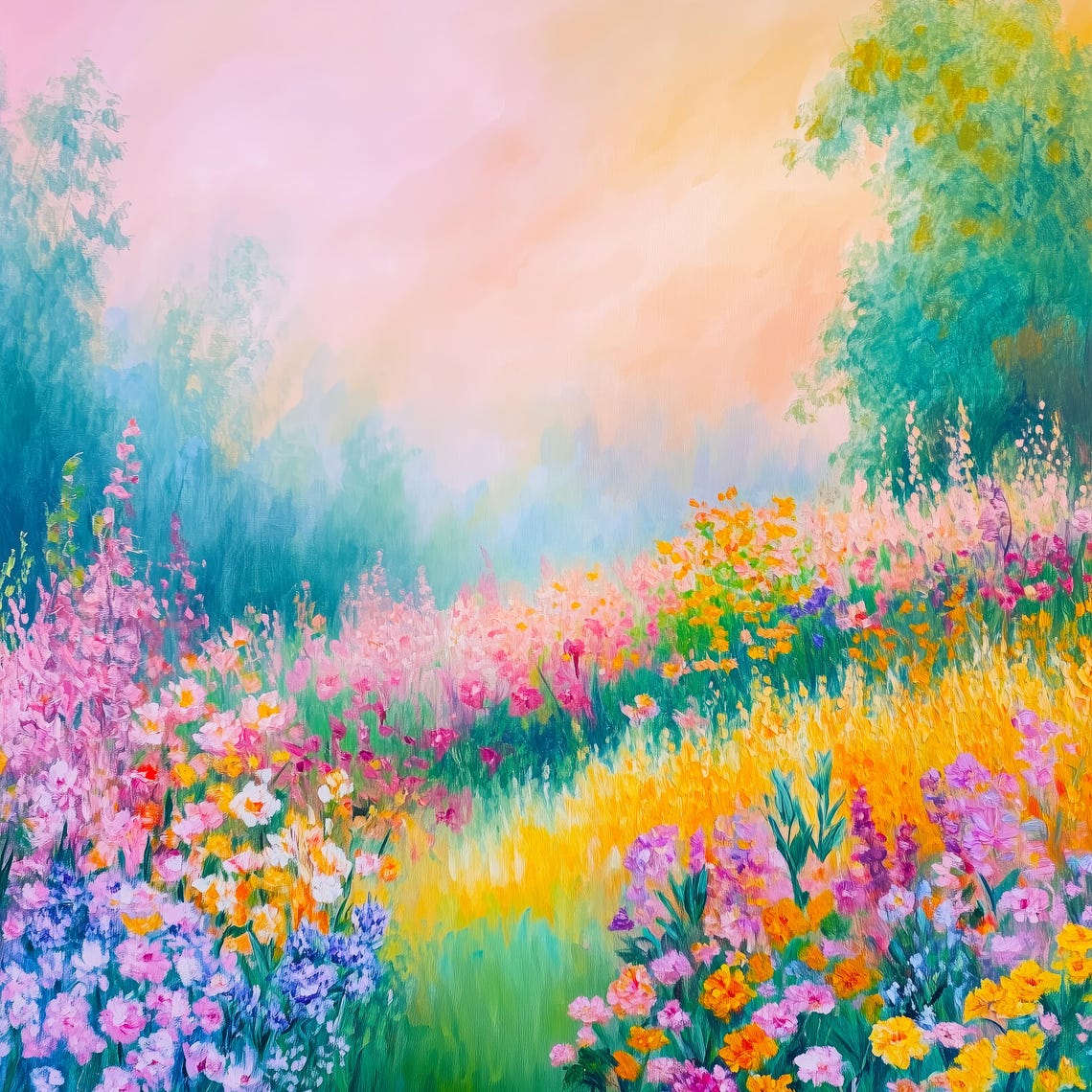 Wildflower Meadow at Sunrise Colorful Floral Field Painting Wall Art - Image 3