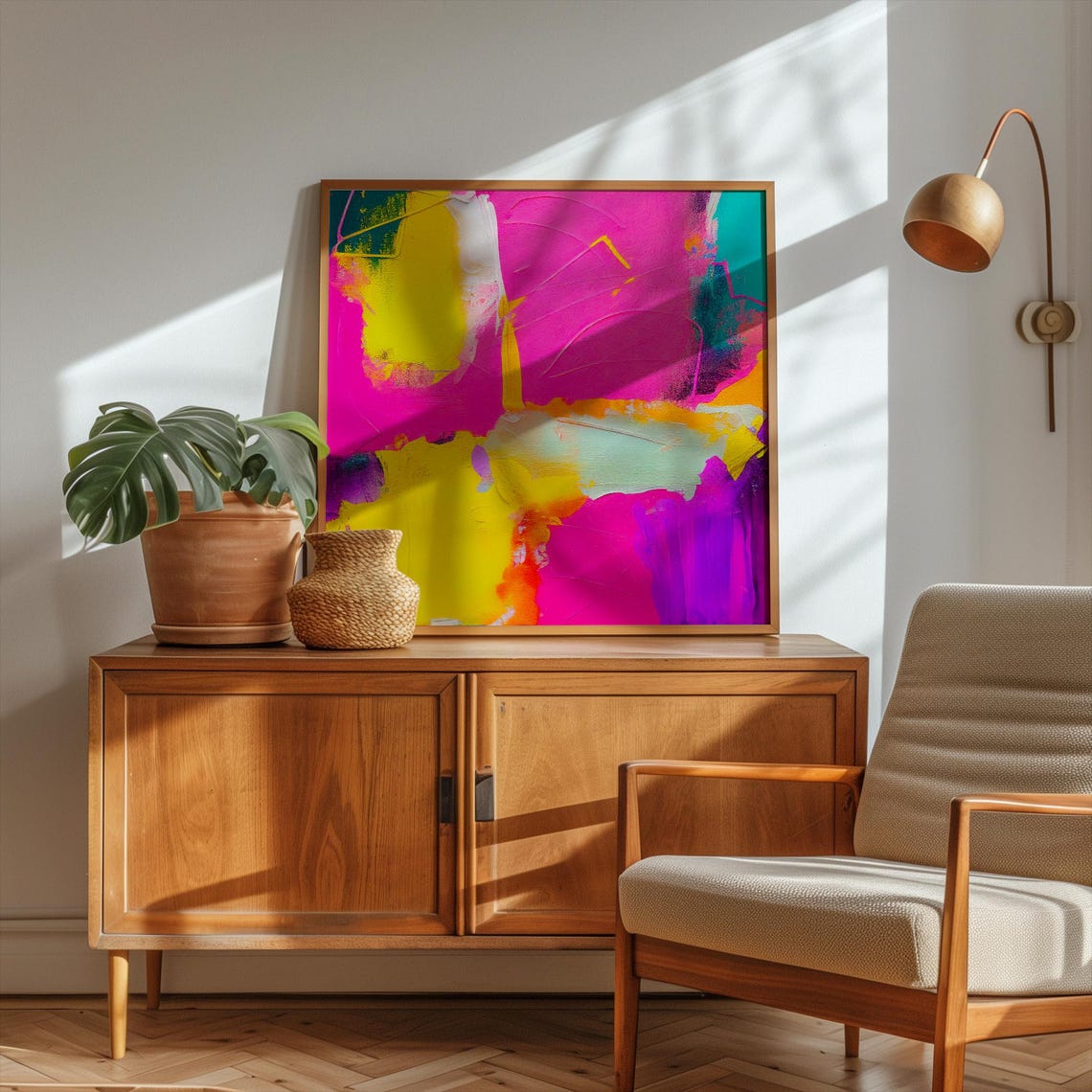 Neon Magenta Lemon Yellow Turquoise Brushstroke Abstract Poster - Image 2