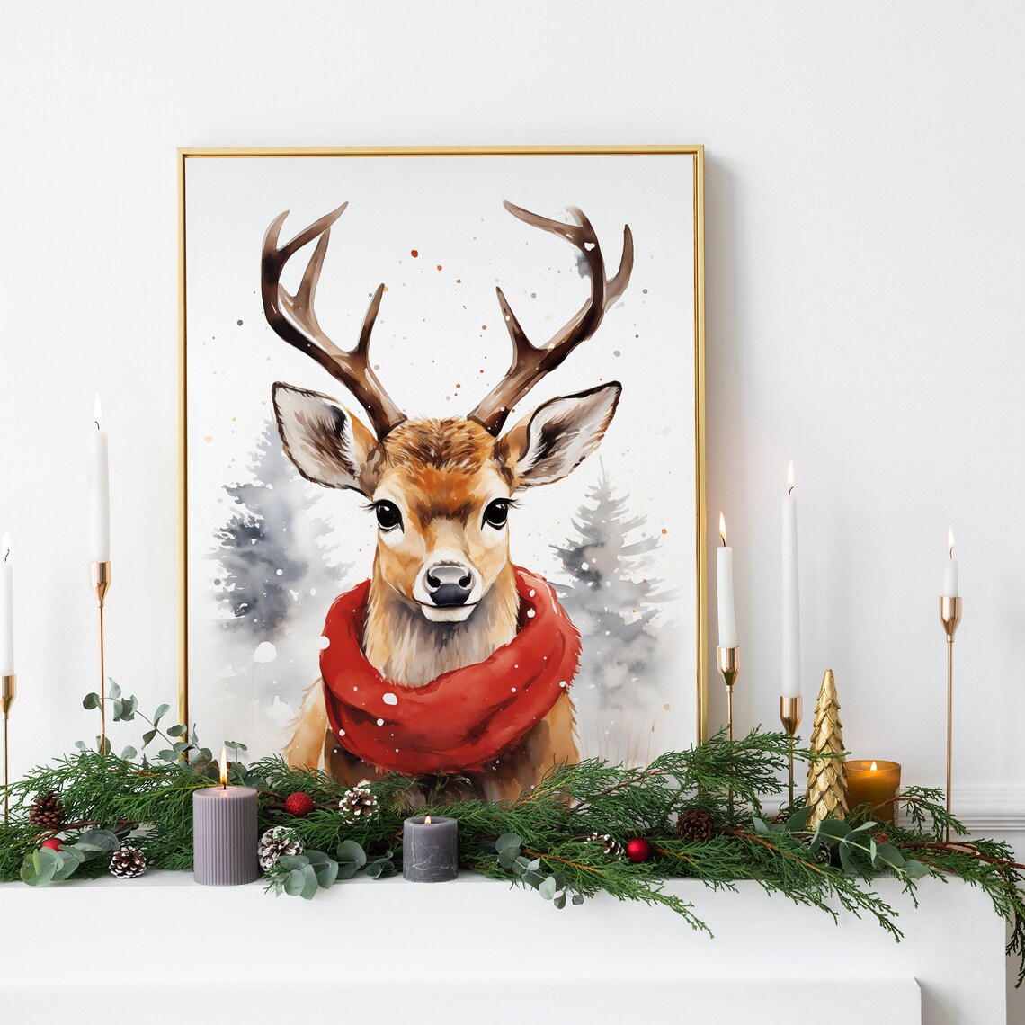 Cute Deer in Red Scarf Watercolor Winter Animal Nursery Poster - Image 3