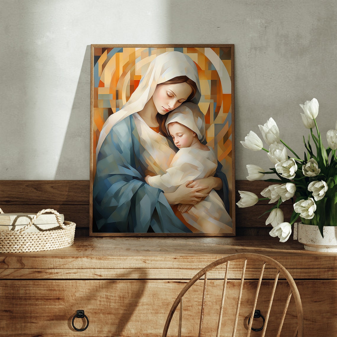 Virgin Mary and Baby Jesus Geometric Cubist Style Christian Poster - Image 4