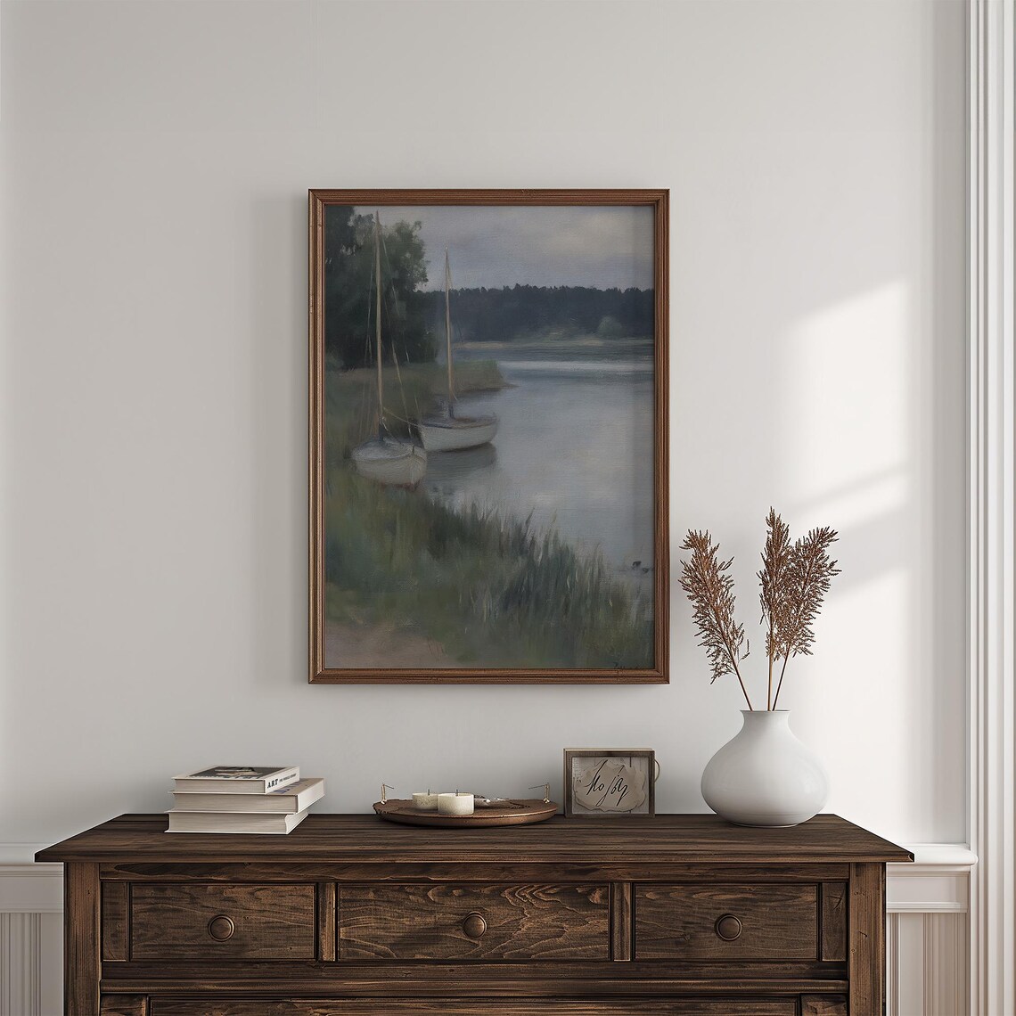 Moored Sailboats Misty Lake Dusk Calm Water Blue Green Seascape Poster - Image 4
