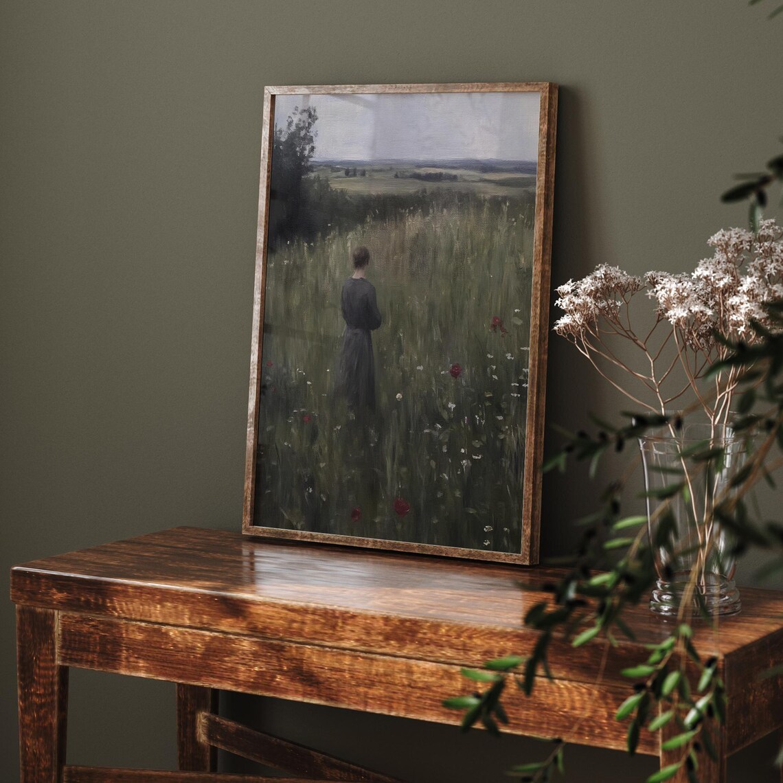 Woman In Dark Dress Standing In Wildflower Field Vintage Art Poster - Image 6