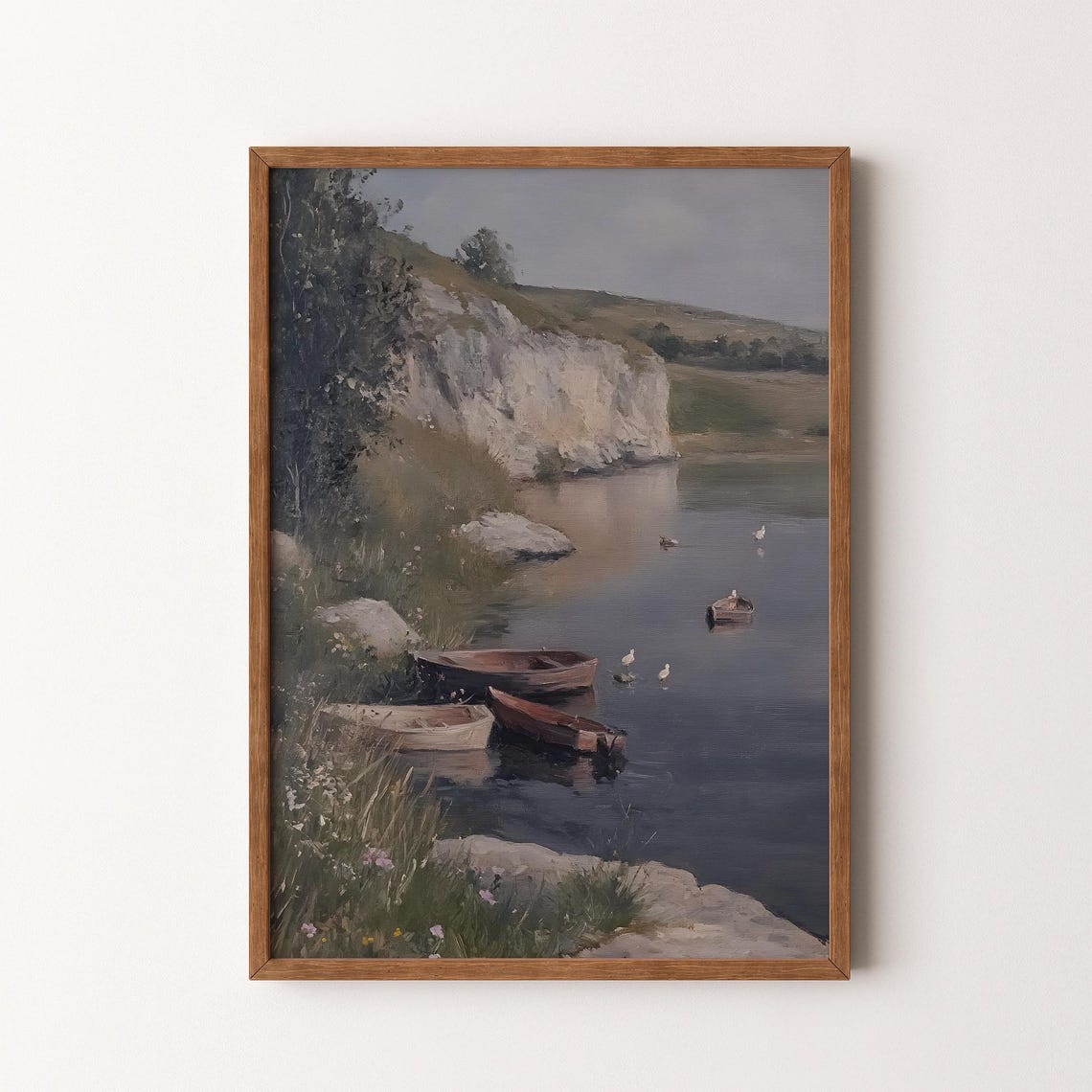Tranquil River Rowboats Ducks White Chalk Cliffs Serene Nature Poster