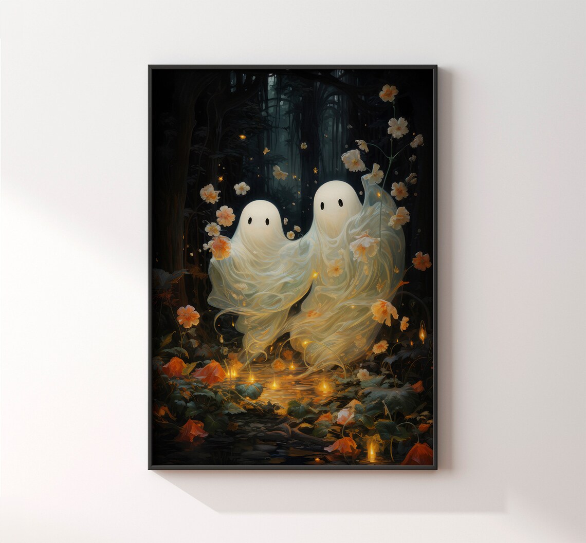 Two Ghosts Among Flowers in a Moonlit Forest Magical Halloween Art Poster - Image 3