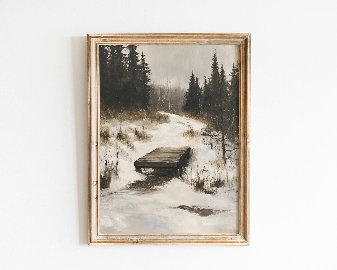 Vintage Winter Landscape, Moody Forest Scene With Bridge