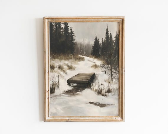 Vintage Winter Landscape, Moody Forest Scene With Bridge