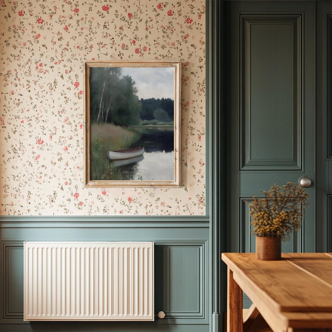 Canoe On Still Lake At Dusk Moody Vintage Lakeside Painting Poster - Image 3