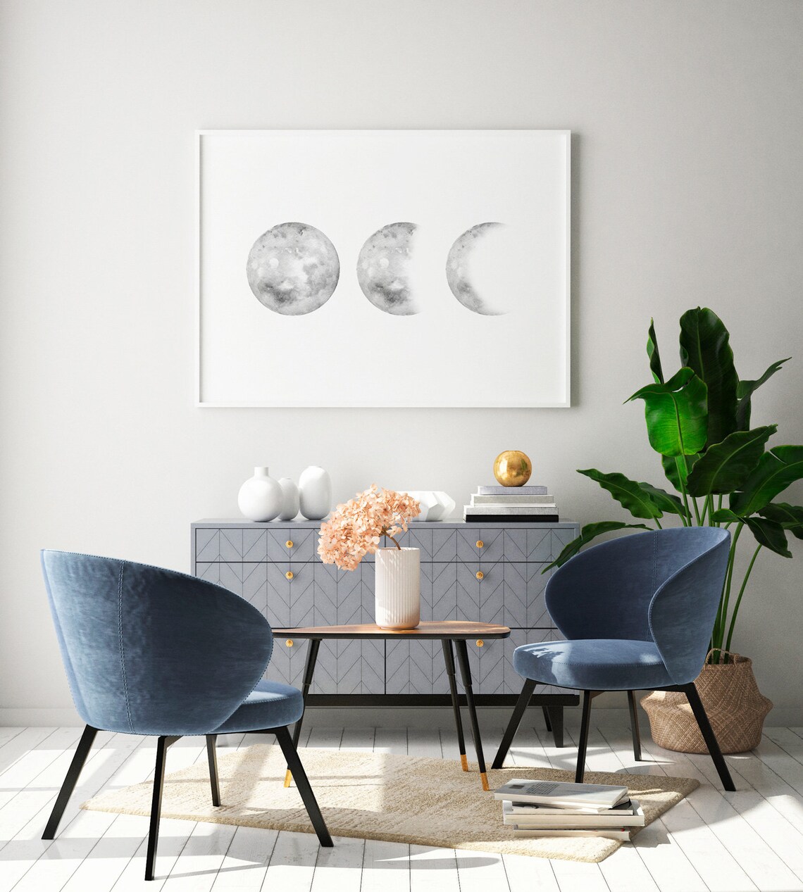 Moon Phases Watercolor Gray Lunar Cycle Minimalist Art Poster - Image 2