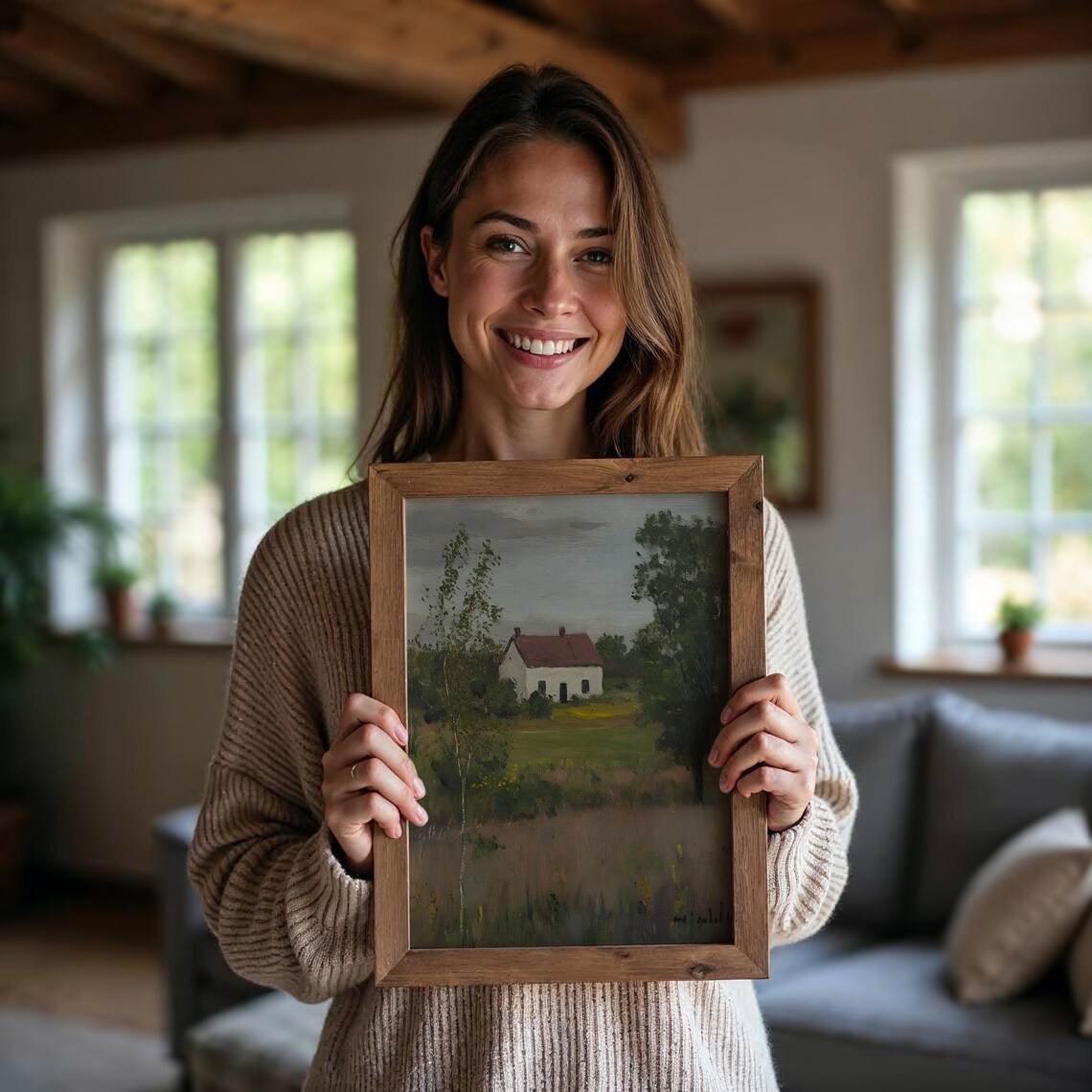 White House With Red Roof In Green Meadow Vintage Painting Poster - Image 5