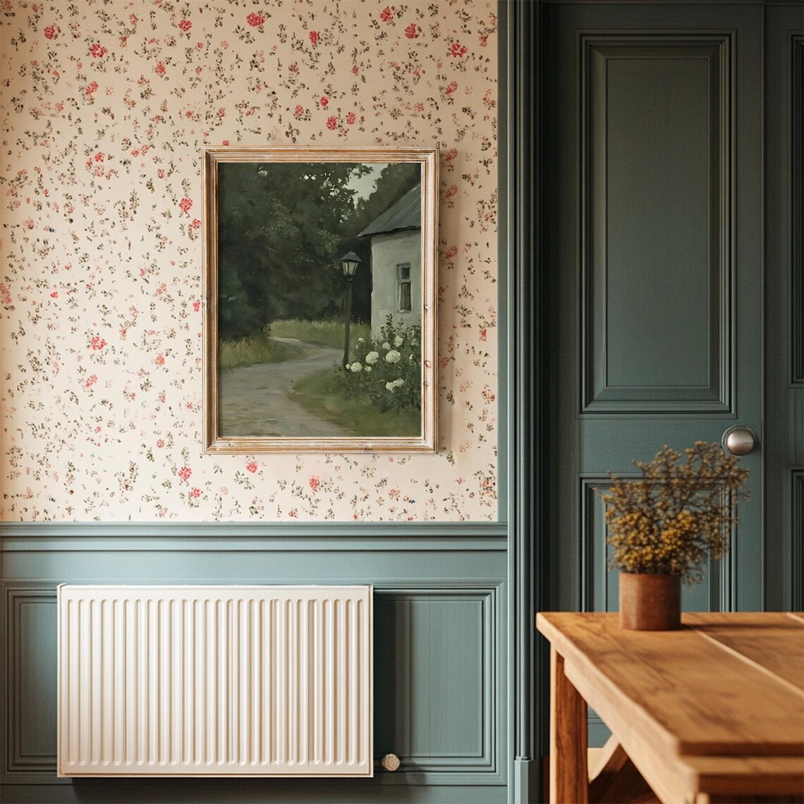 Dusk Cottage Path Vintage Lamppost White Roses Moody Night Poster - Image 3