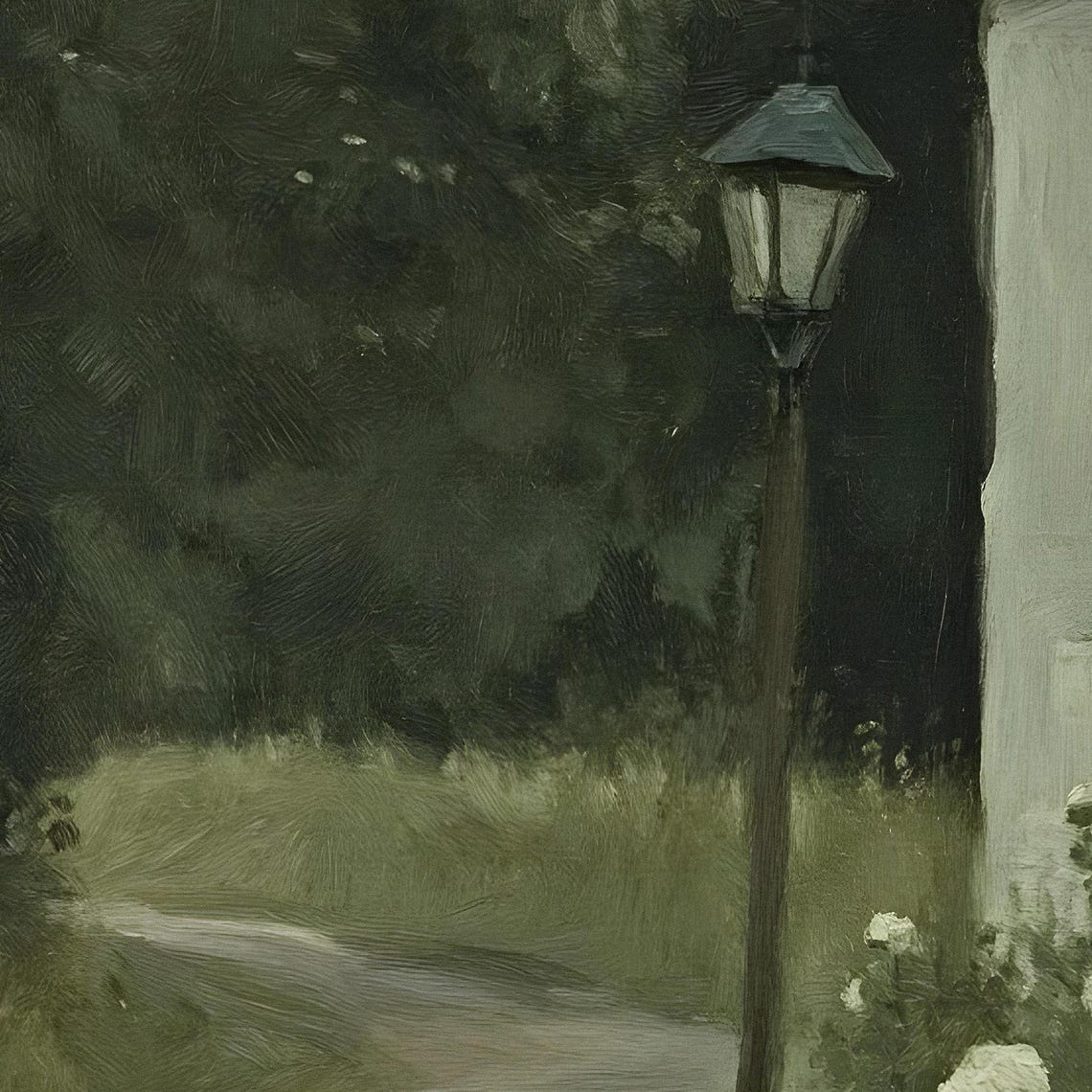 Dusk Cottage Path Vintage Lamppost White Roses Moody Night Poster - Image 2