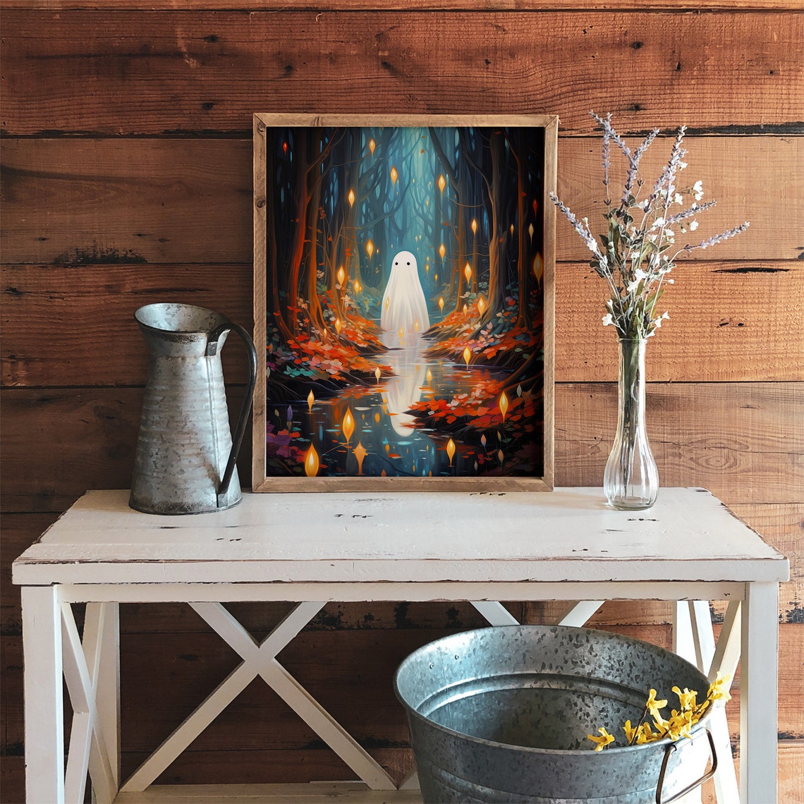 Cute Ghost In Enchanted Forest With Lanterns Halloween Poster - Image 3