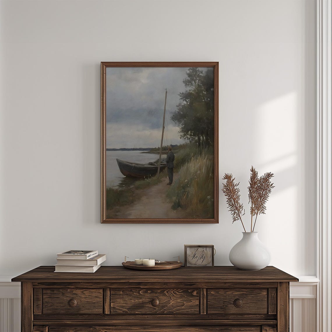 Fisherman Wooden Boat River Shore Cloudy Sky Coastal Scene Oil Poster - Image 4