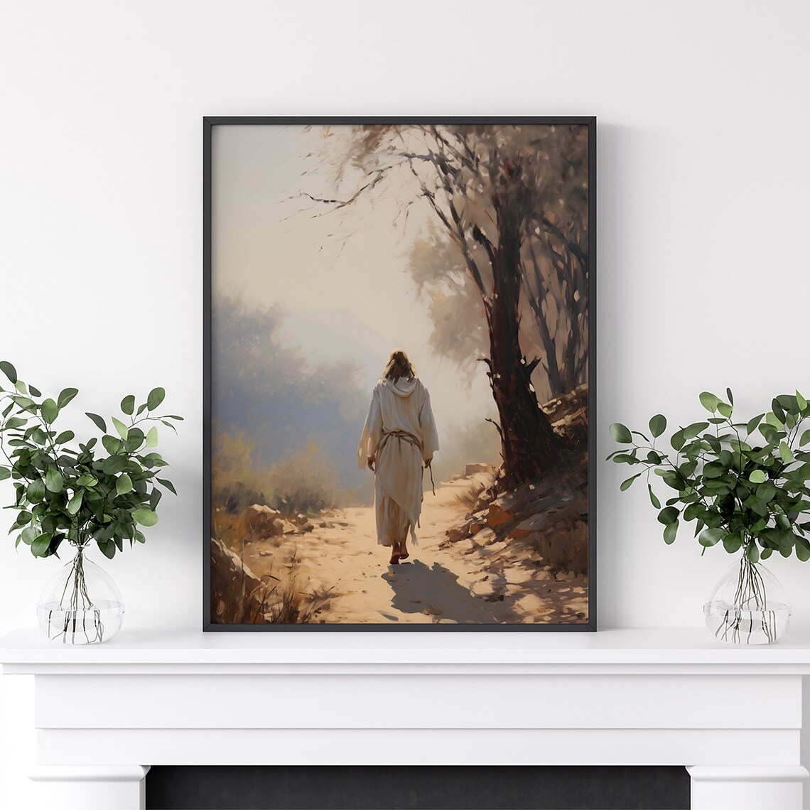 Jesus Walking the Path Misty Morning Warm Christian Oil Painting Poster - Image 2