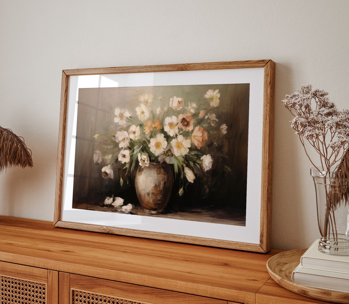 White Blossom Vase Moody Vintage Floral Still Life Painting Poster - Image 2