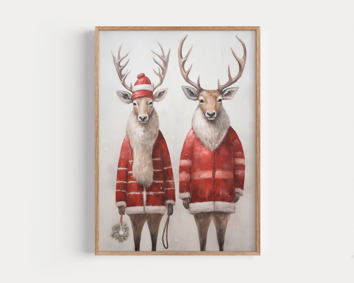 Funny Reindeer Couple in Red Coats Whimsical Christmas Animal Poster - Image 3