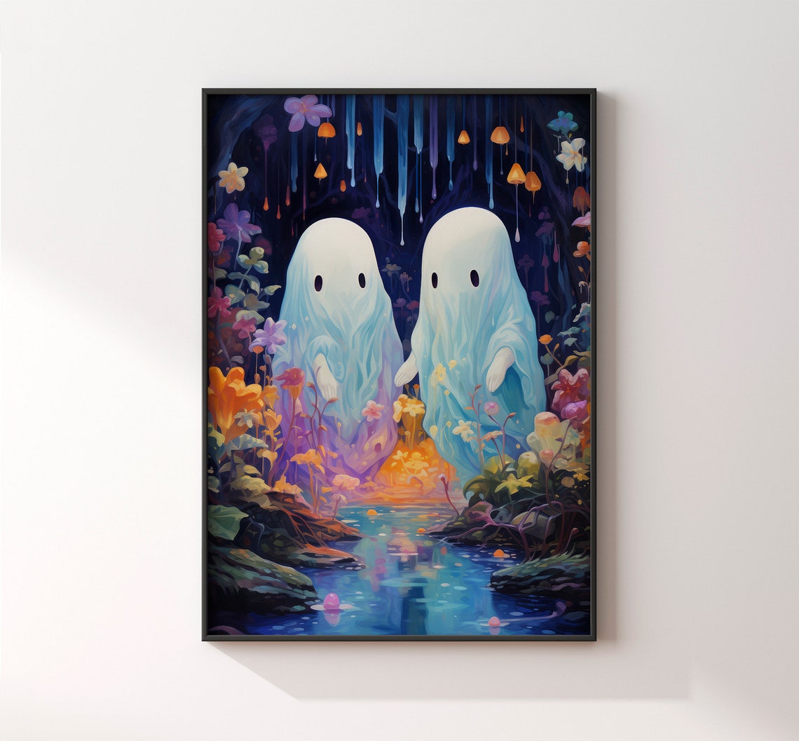 Two Ghosts By A Stream In A Colorful Mushroom Cave Halloween Poster - Image 3
